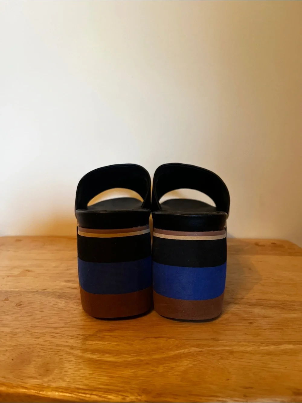 ShuShop Black Slide Mules with Blue and Brown Striped Platform